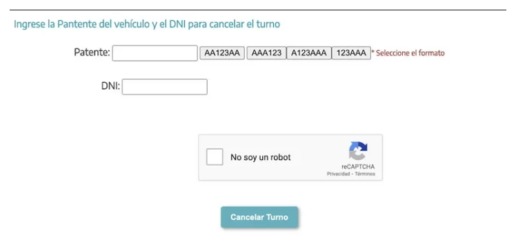 Pantalla para cancelar el turno de la VTV en San Andres de Giles con patente y DNI